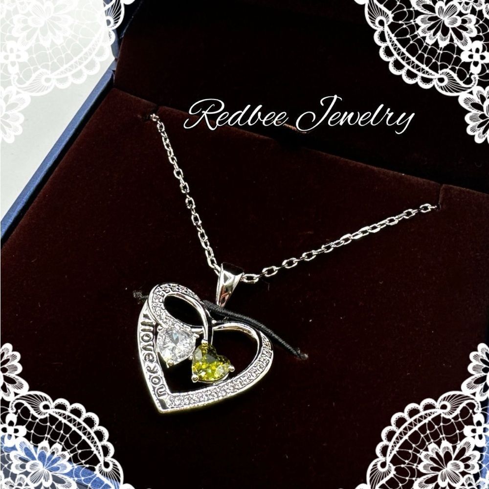 NIB Redbee 18k white GP over s925 “I Love You”, green/white CZ diamond necklace!